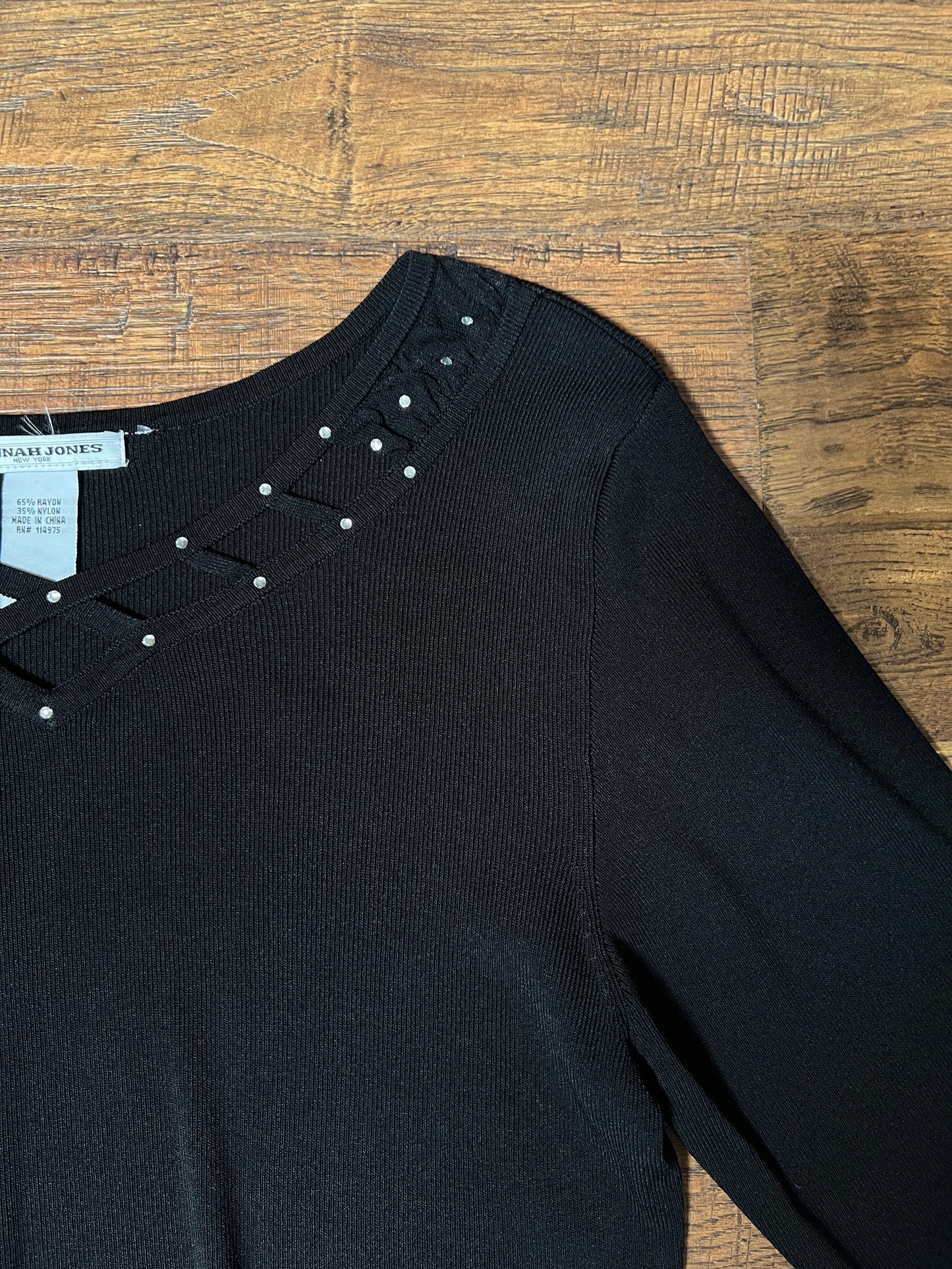Vintage Hannah Jones Knit Top - Black Rhinestone Lattice Neckline - Medium