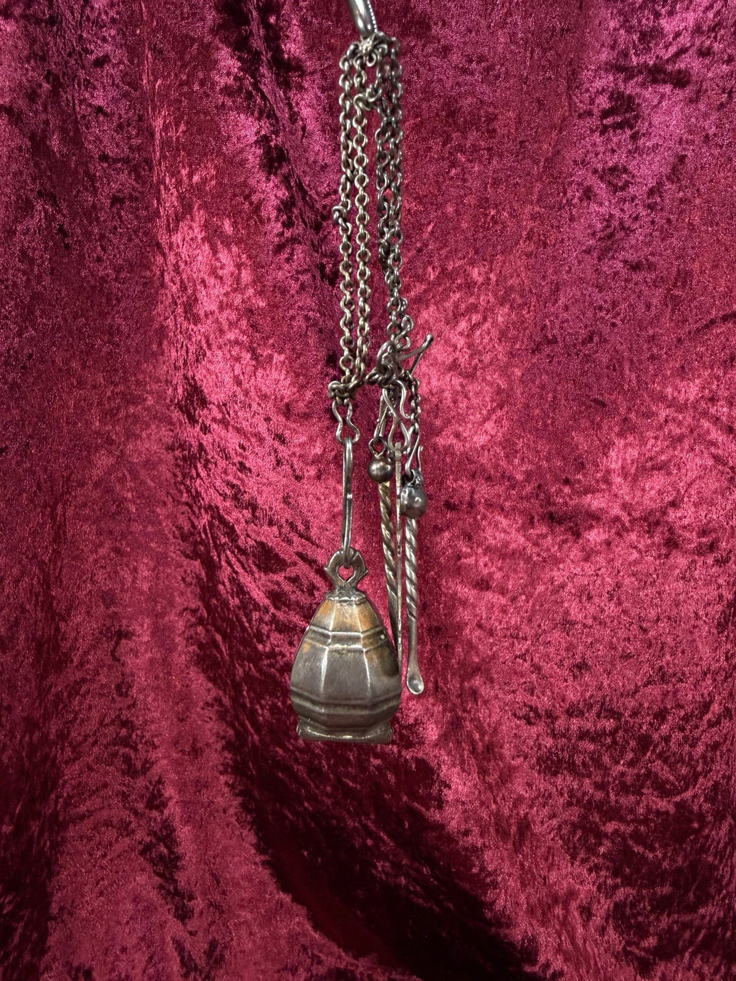 Antique Silver Opium Chatelaine – Flower Topped Picks with Locket Ball - Late Qing Dynasty