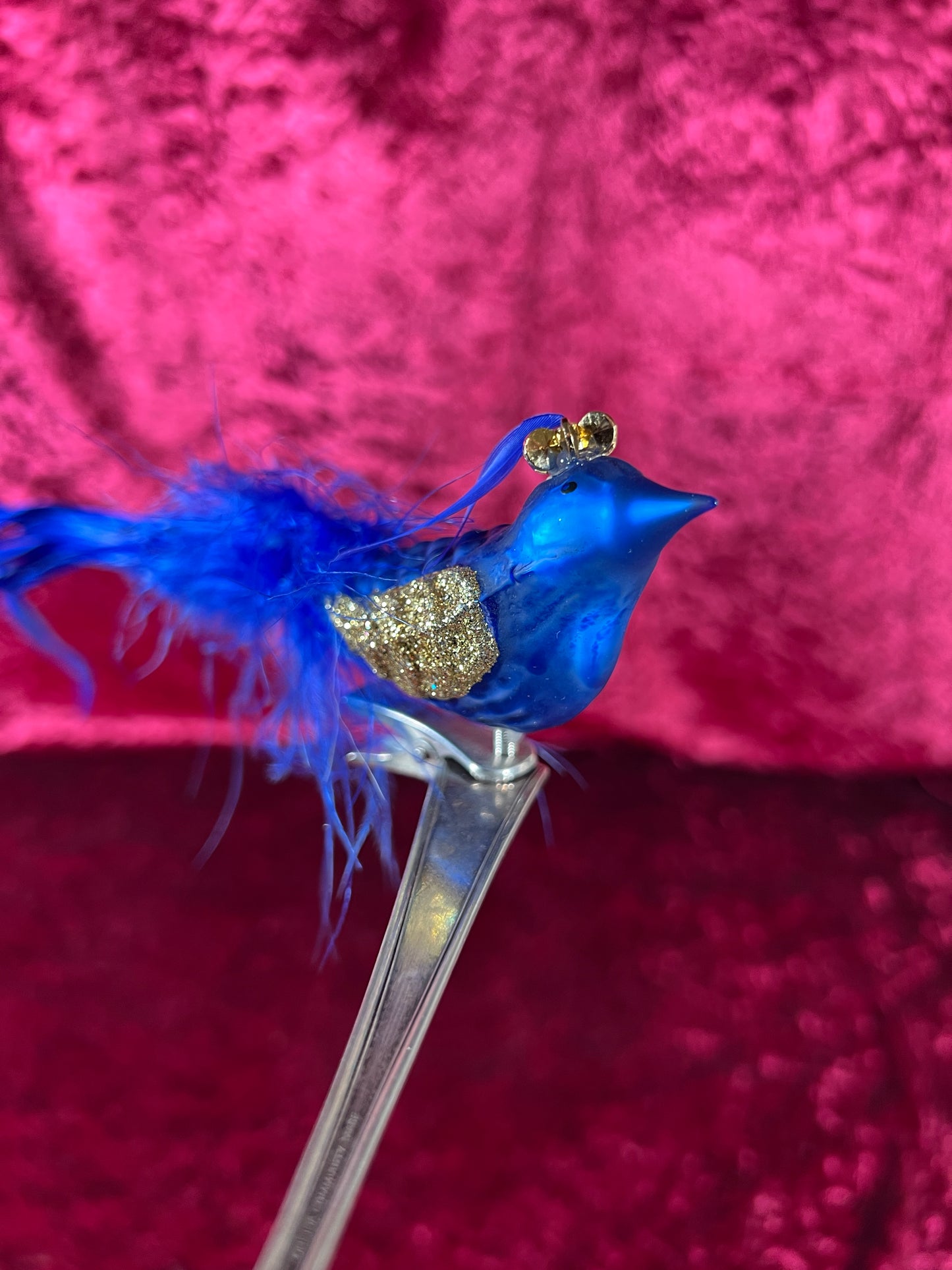 Vintage Christmas - Glass Clip-On Ornament - Royal Blue Peacock with Feather Tail