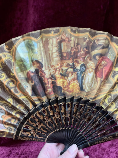 Vintage Mid Century Painted Wood Folding Fan – Double-Sided European Court Scenes