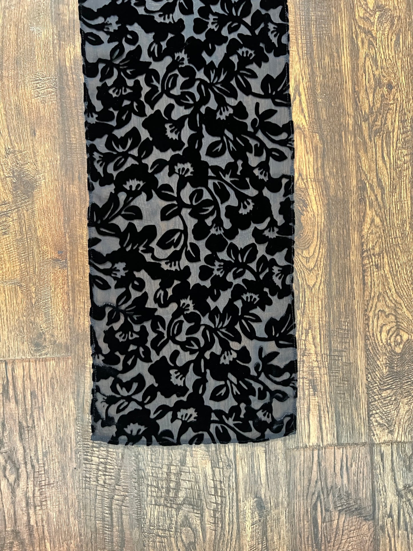 Vintage Burnout Velvet Oblong Scarf - Black Semi Sheer Floral Wrap