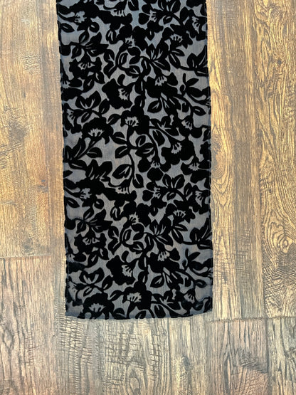 Vintage Burnout Velvet Oblong Scarf - Black Semi Sheer Floral Wrap