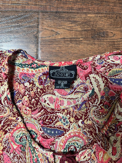 Vintage Clothing - Y2K Scoop Neck Blouse - Butterfly Sleeves - Pink Paisley Print - Small - Angie