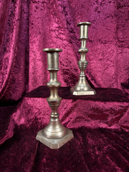 Antique English Brass Candlestick Pair – Beehive Taper Candle Holders