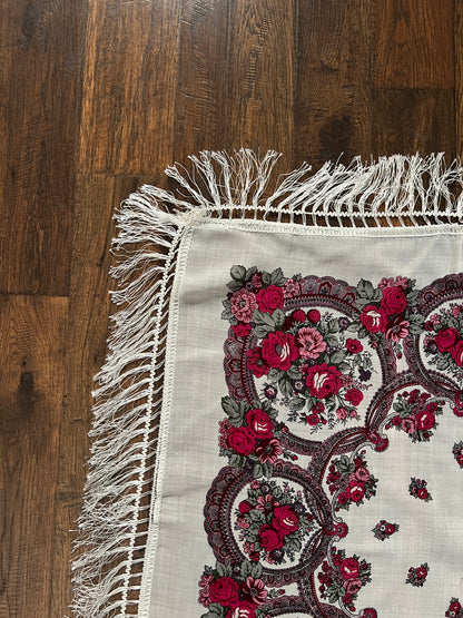 Vintage Kashmir Woole Floral Fringe Scarf - White Rose Square Wrap Bohemian Style