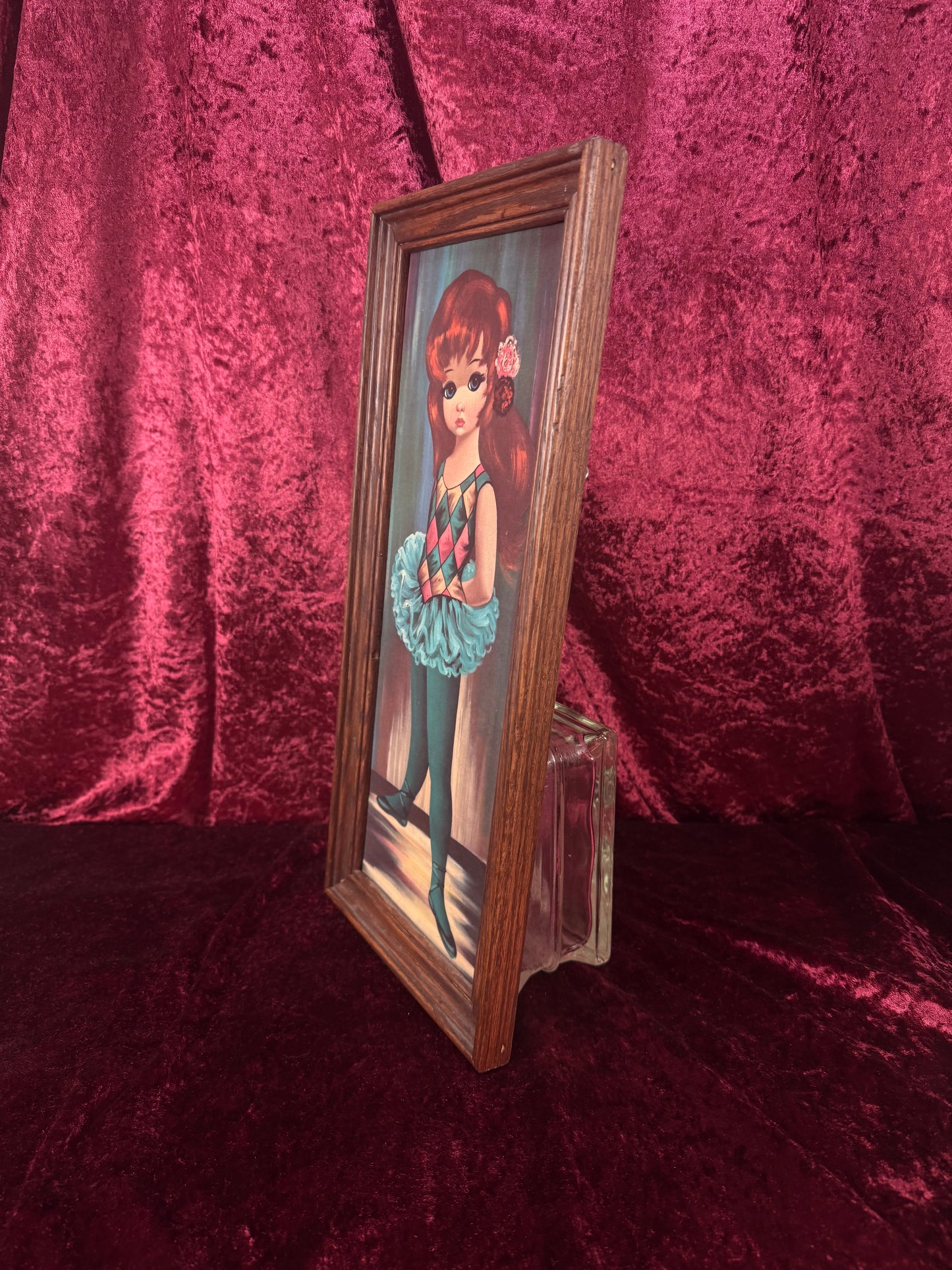 Vintage Mid Century Framed Wall Art – Big Eyes Harlequin Ballerina Girl Portrait - Moppet by Jean Maio