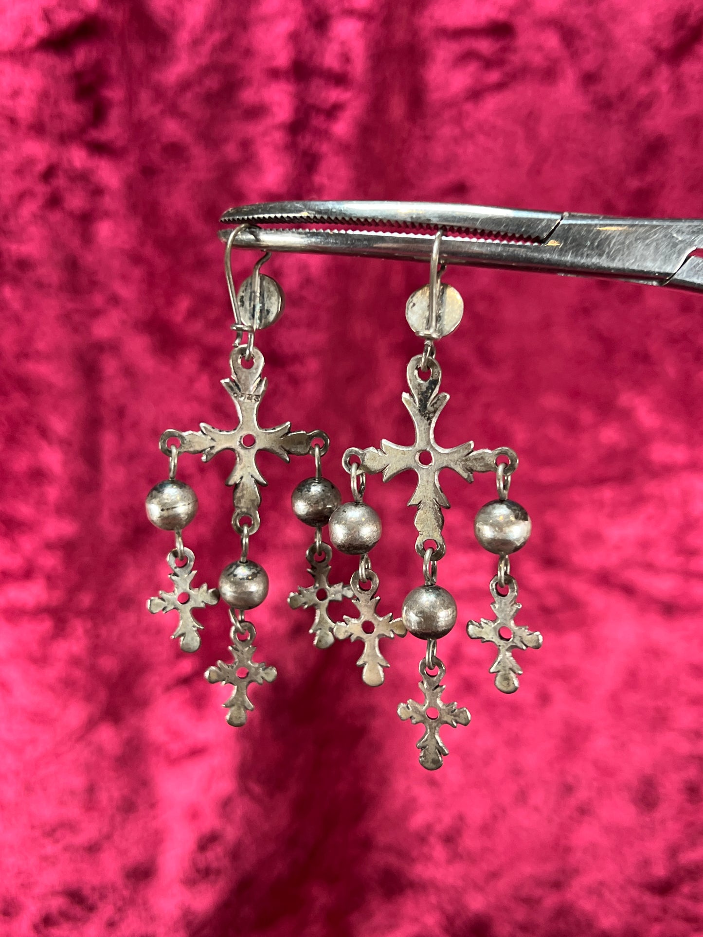 Vintage Jewelry - Dangle / Drop Earrings - 925 Silver - Ornate Crosses on Censers
