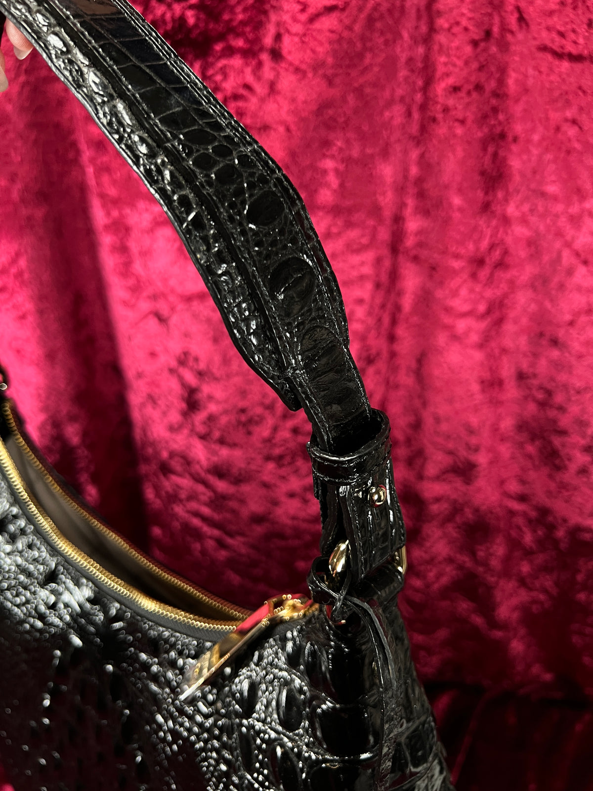 Vintage Brahmin Black Melbourne Leather Hobo Bag - Croc Embossed Shoulder Purse
