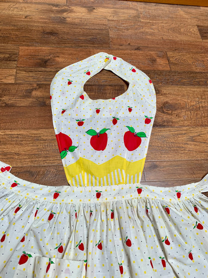 Vintage Pinafore Apron - White with Black Polka Dots Red Apples & Yellow Checkers