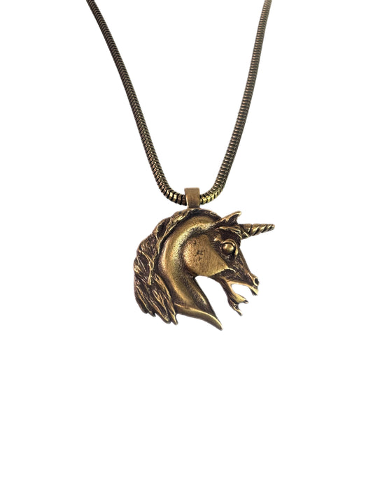 1980s vintage necklace, unicorn pendant on brass choker