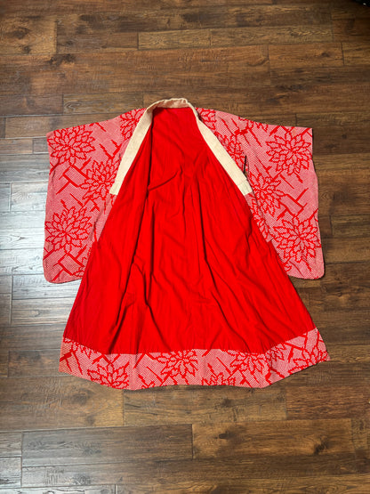 Vintage Clothing - Hand Sewn Kimono Robe - Red Floral Grid - Crepe Silk - OS
