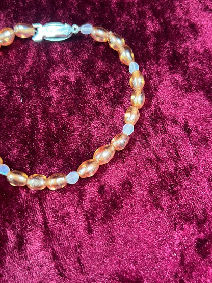 Vintage Jewelry - Bracelet - Silver Tone Metal - Clear Amber Beads - England