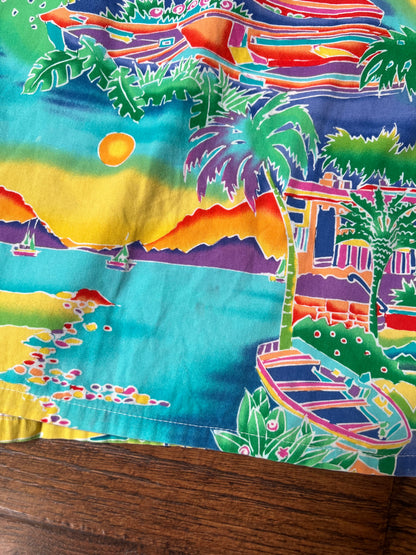 Vintage Clothing - Short Sleeve Hawaiian Shirt - Colorful Sea View Cafe Novelty Print - All Hours - 2X-Large