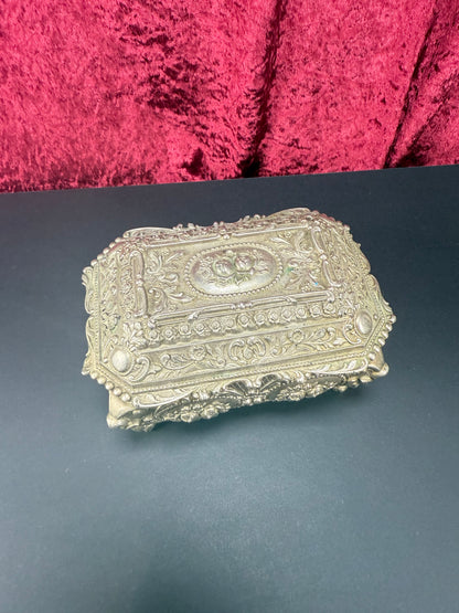 Vintage Vanity - Jewelry Box - Ornate Silver Floral Filigree - Red Velvet Lining - Footed