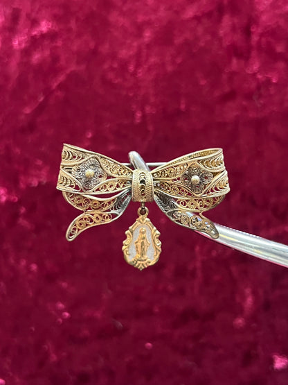 Vintage Jewelry - Brooch - Ornate Filigree Bow - Miraculous Medal