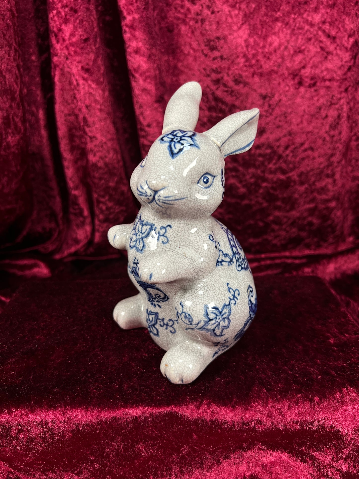 Vintage Ceramic Rabbit Figurine - Blue and White Floral Crackle Finish - Baum Bros