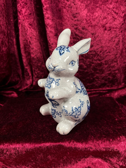 Vintage Ceramic Rabbit Figurine - Blue and White Floral Crackle Finish - Baum Bros
