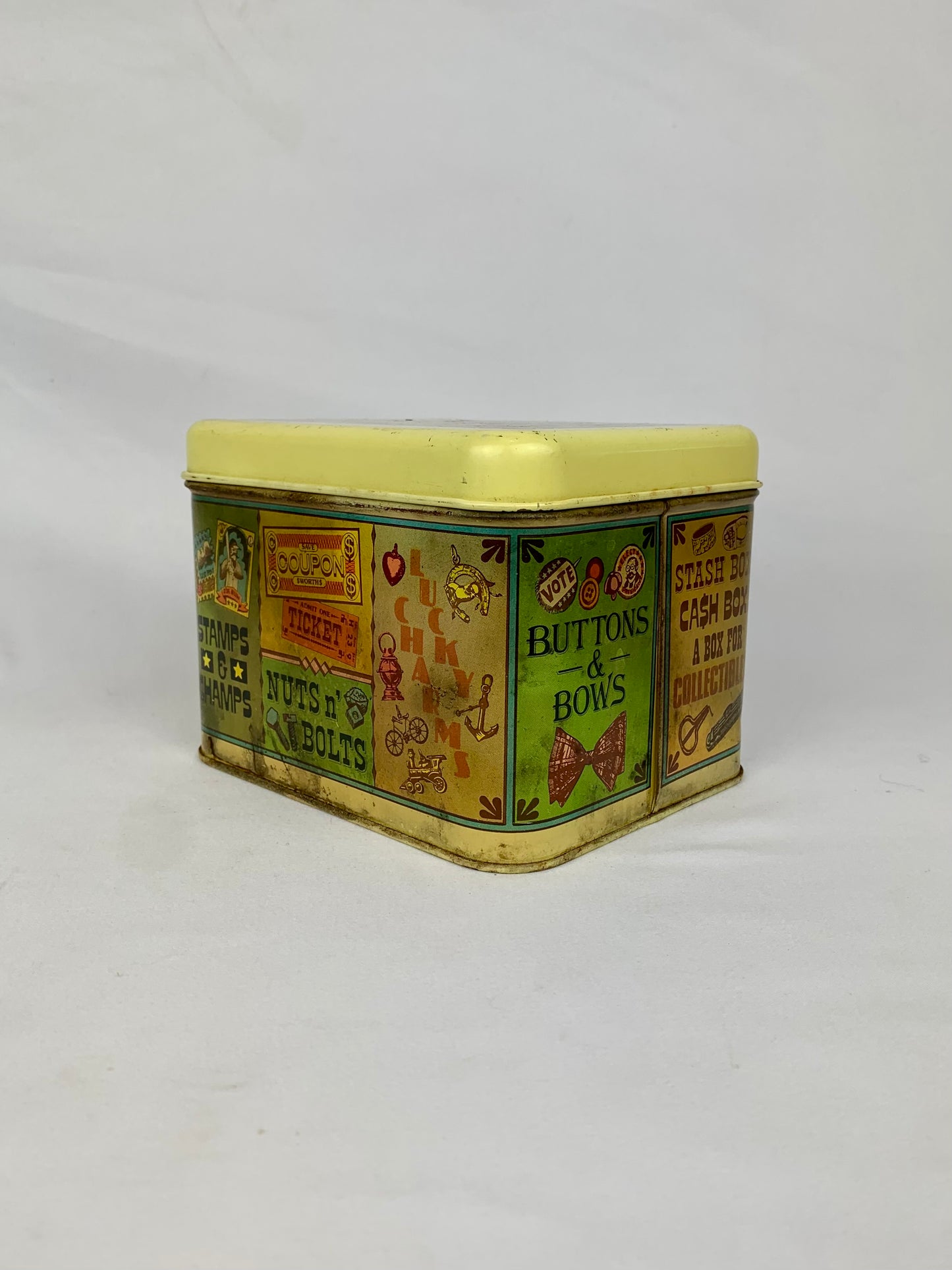 1970s Cheinco Lidded Metal Stuff Box Tin- Vintage Style Advertisement Graphics