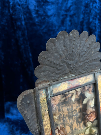 Vintage Metal Religious Shadow Box – Crucifixion Dried Flower Folk Art Shrine