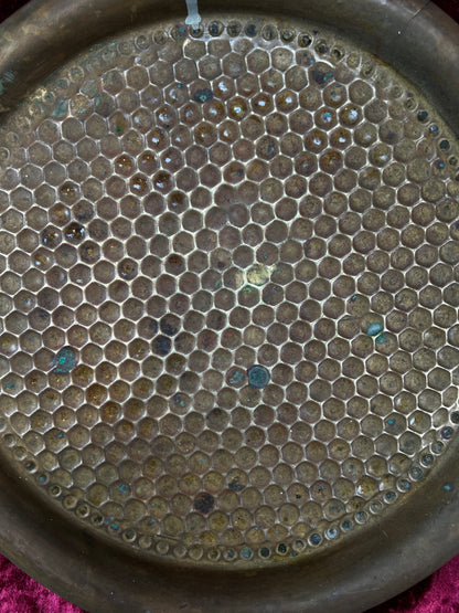 Vintage Brass Tray - Hammered Honeycomb Pattern Round Serving Platter