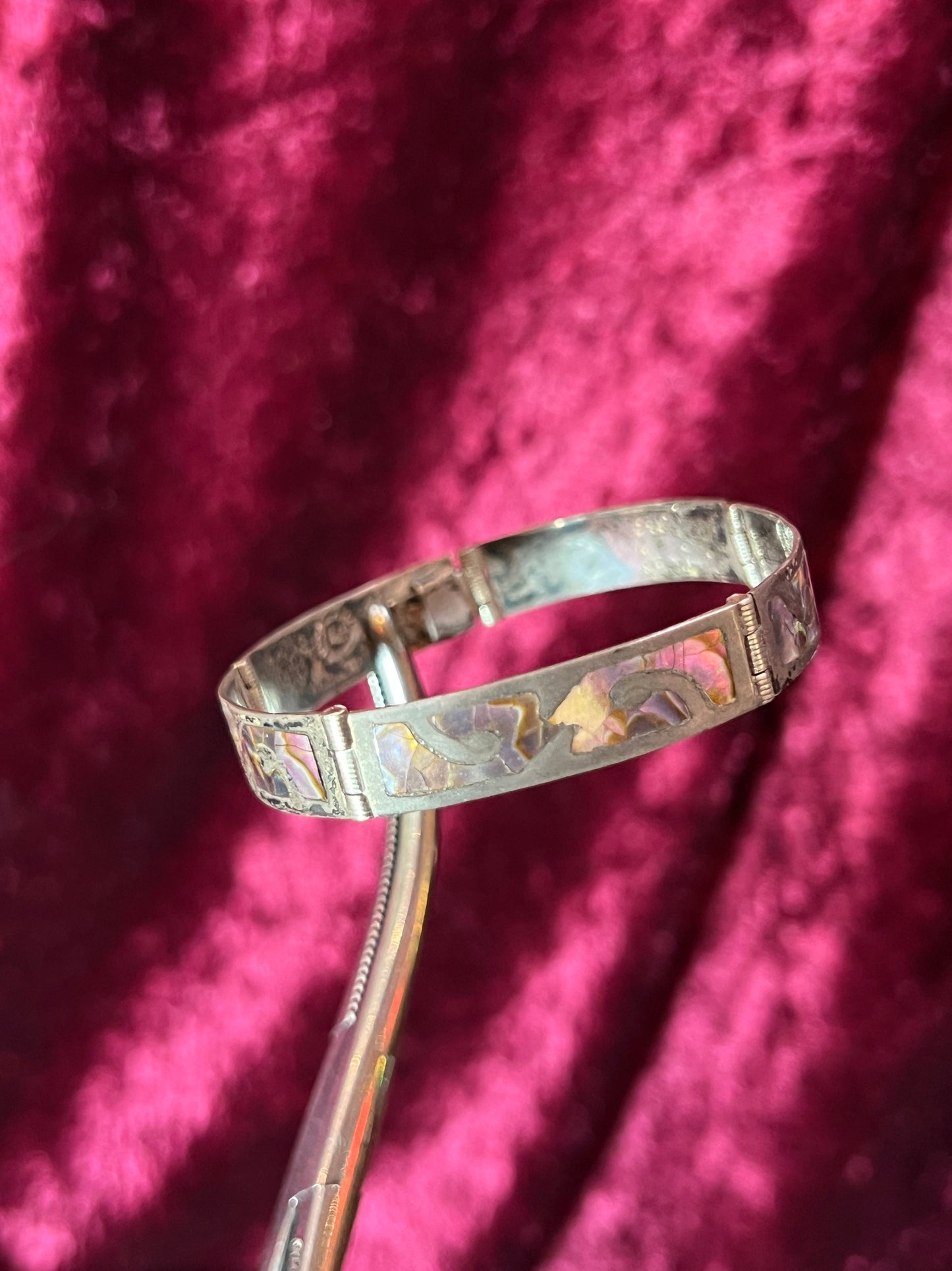 Vintage Jewelry - Bangle Bracelet - Sterling Silver - Inlaid Abalone Shell Panels - Mexico