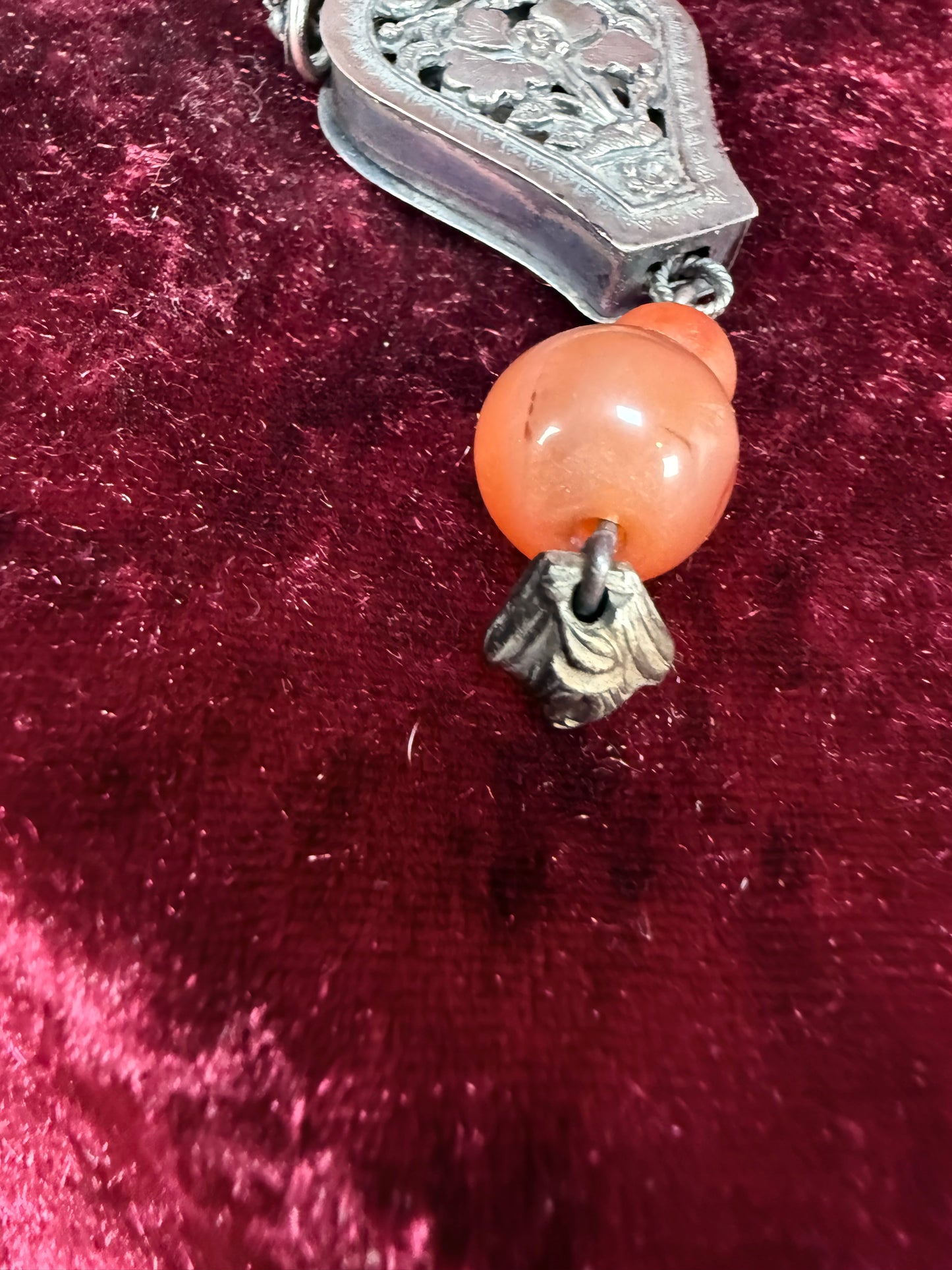 Antique Sterling Silver Needle Case Pendant Chatelaine – Carnelian Bead Late Qing Dynasty Style