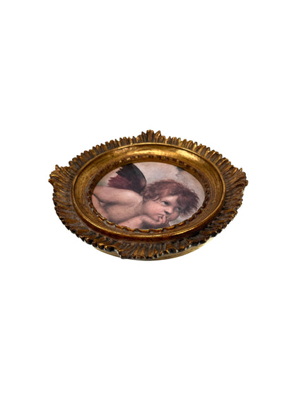 Vintage Wall Art - "Pensive Putto" - Print in Baroque Gilt Fresco Circle Frame - 5x5"