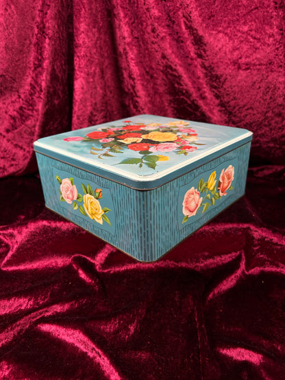 Vintage Metal Tin Box - 1970s Rose Bouquet Floral Keepsake Storage - William Crawford & Sons
