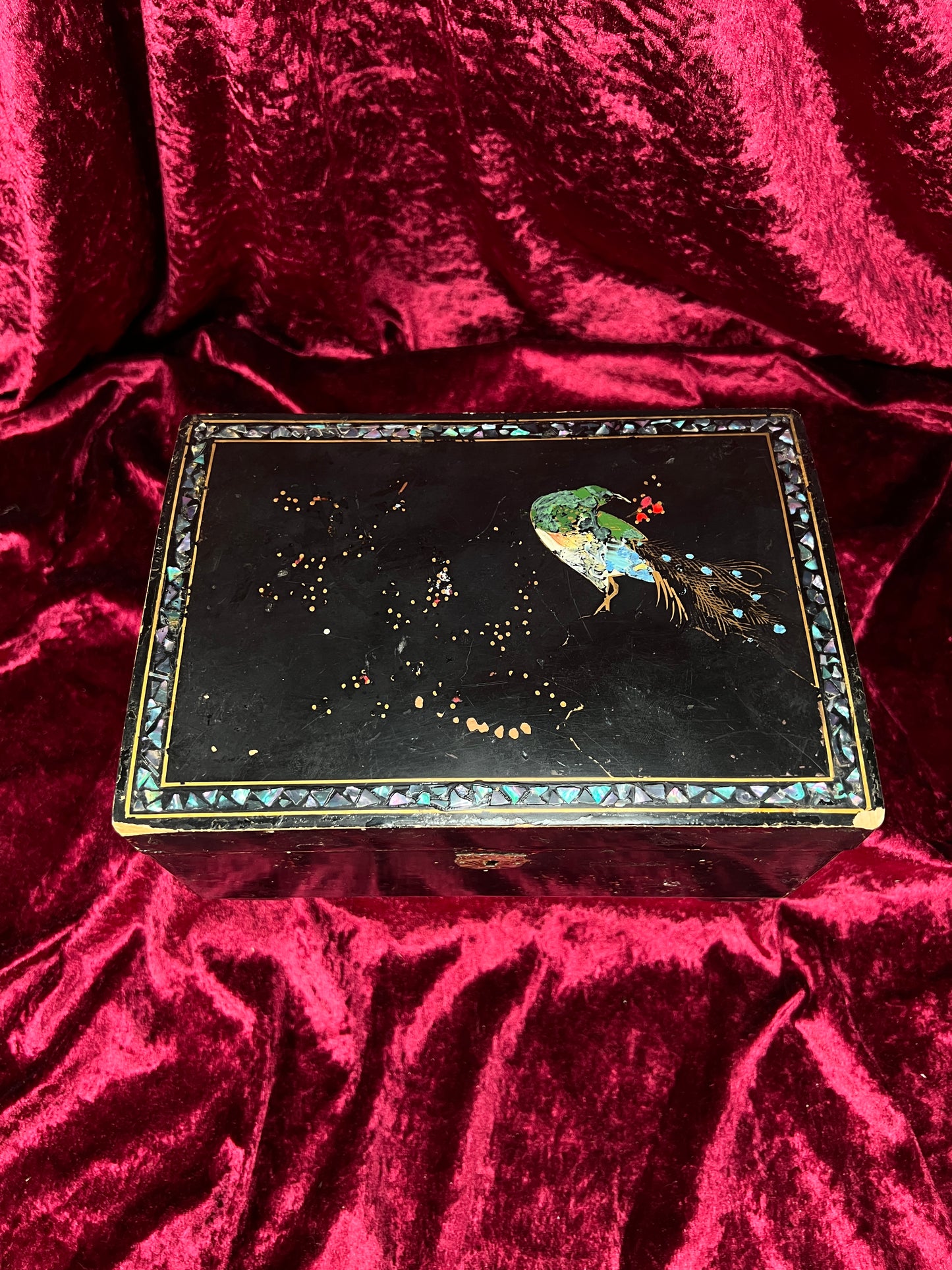 Vintage Black Lacquer Jewelry Box - Mother of Pearl Painted Peacock Vanity Chest