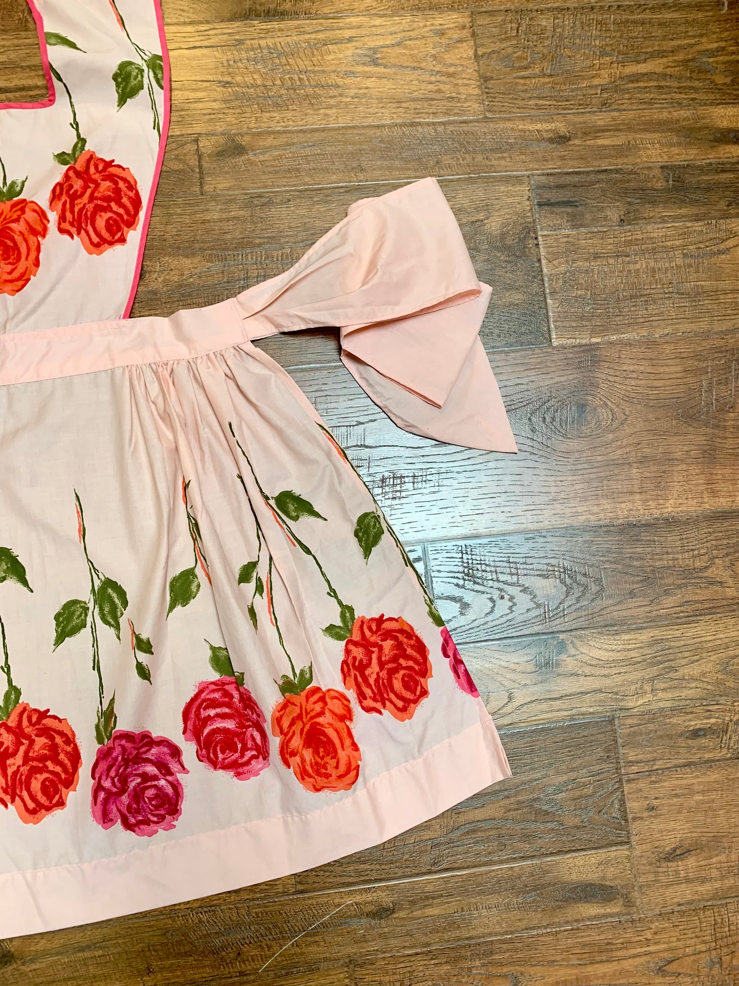 Vintage Pinafore Apron - Pink with Red Roses