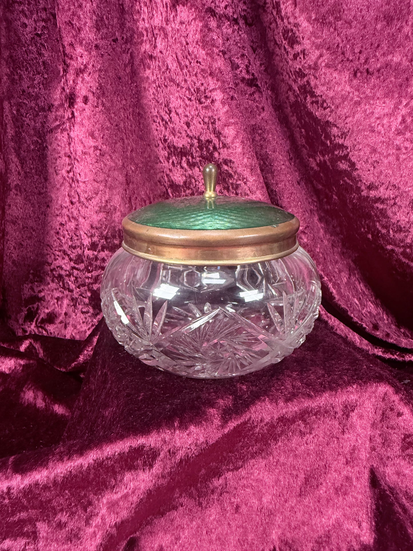Vintage Cut Crystal Vanity Jar – Green Guilloché Style Lid Dresser Box