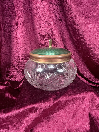 Vintage Cut Crystal Vanity Jar – Green Guilloché Style Lid Dresser Box
