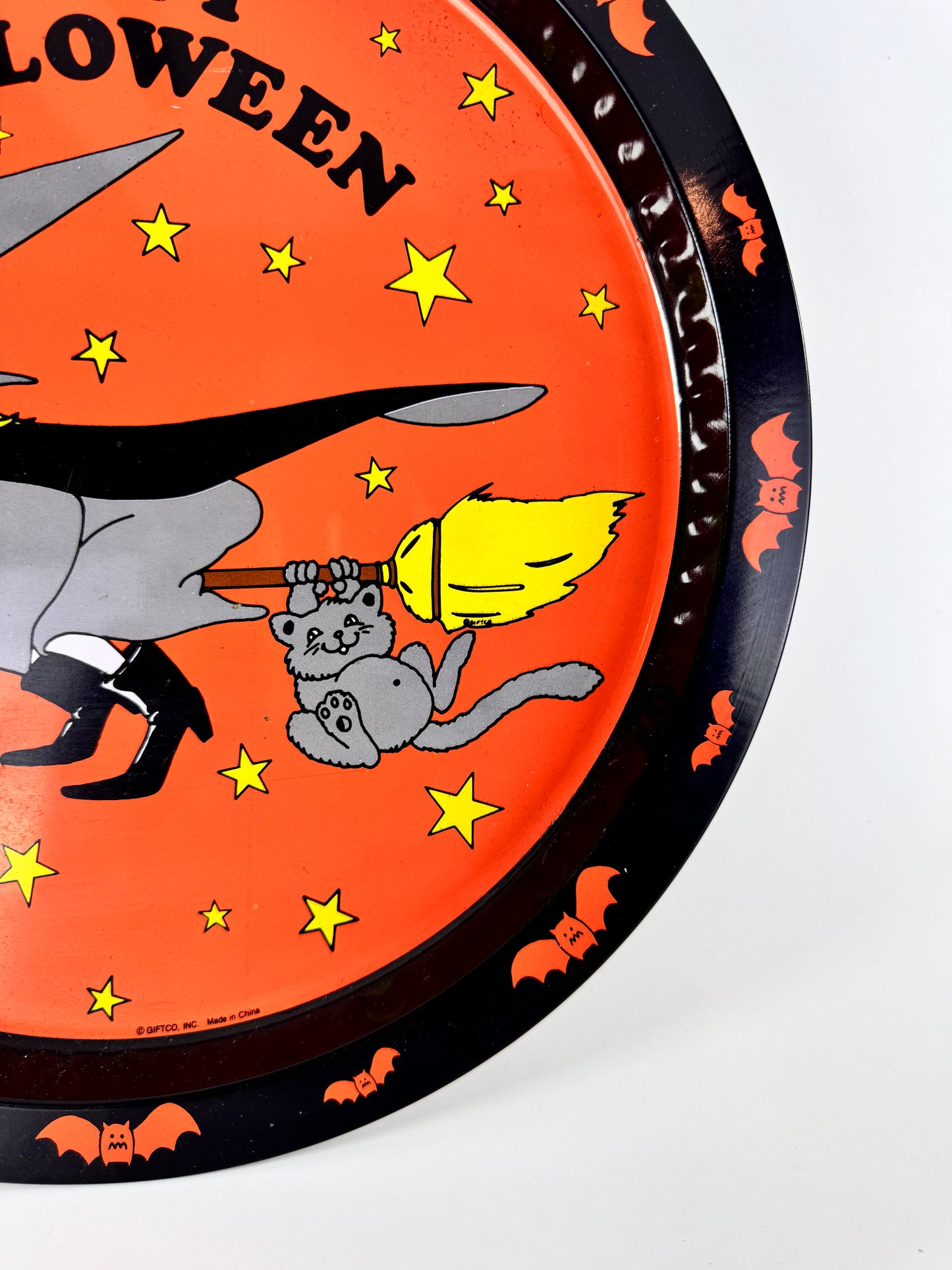 Vintage Giftco Inc. Metal Halloween Tray | Happy Halloween | Witch & Cat