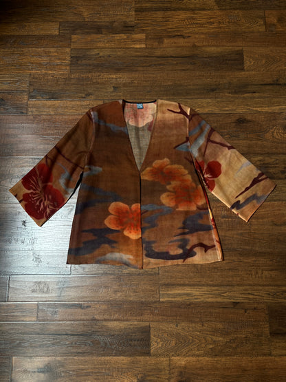Vintage Tao House Cotton Knit Cardigan – Abstract Floral Print Wide Sleeve – Medium
