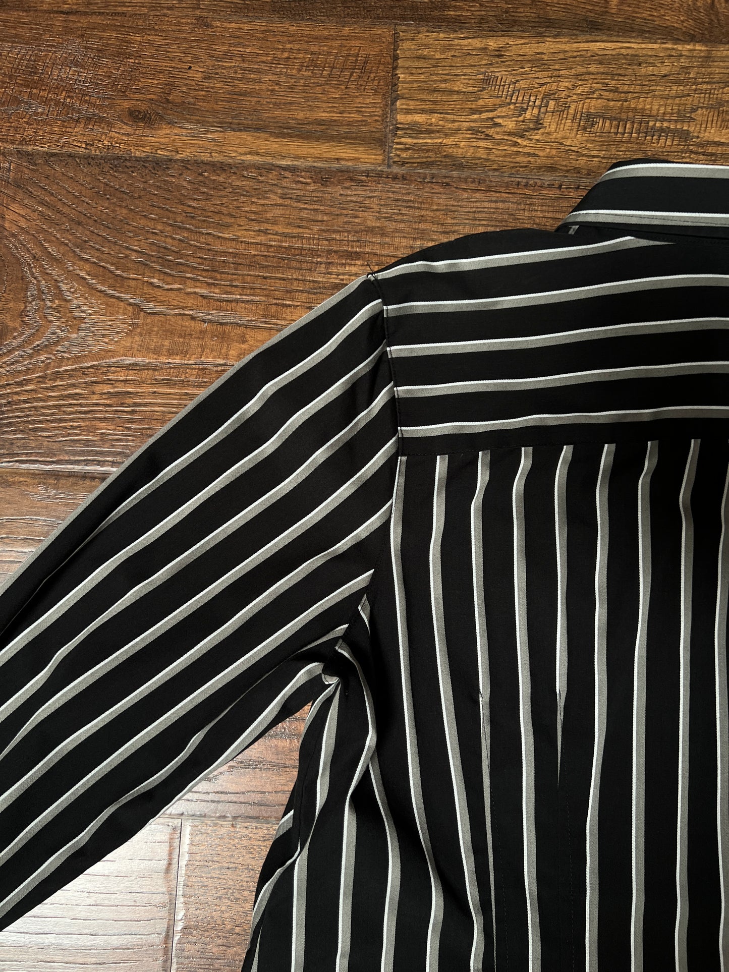 Vintage Foxcroft Fitted Blouse - Black Grey Striped Pleated Waist - Size Large