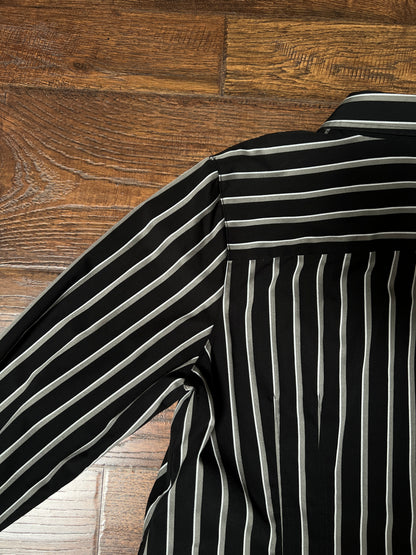 Vintage Foxcroft Fitted Blouse - Black Grey Striped Pleated Waist - Size Large
