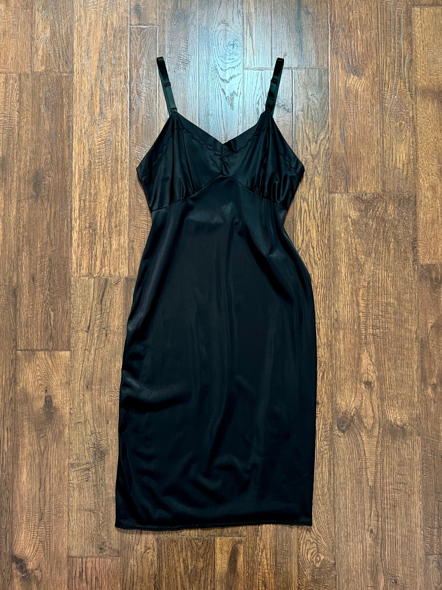 Vintage Nylon Spaghetti Strap Slip Dress - Black with Scalloped Embroidery - Mistra