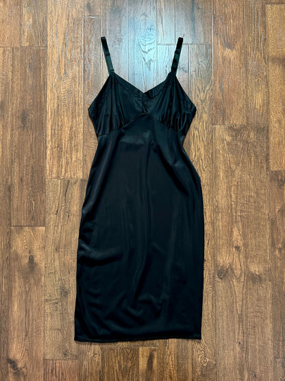 Vintage Nylon Spaghetti Strap Slip Dress - Black with Scalloped Embroidery - Mistra