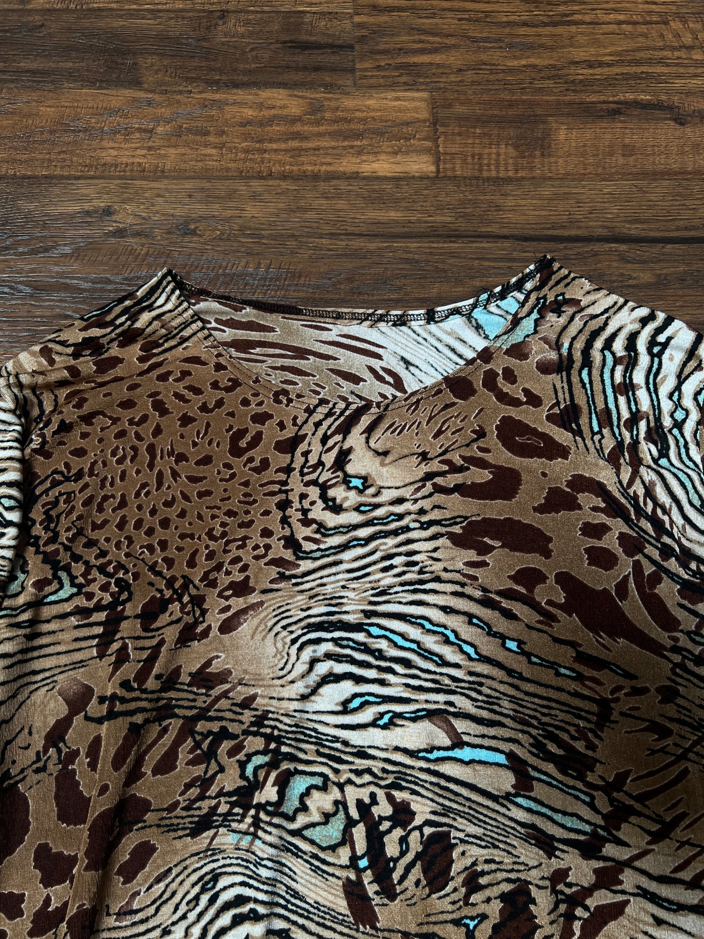 Vintage Rayon Blend Animal Print Top – Abstract Safari Long Sleeve – Large