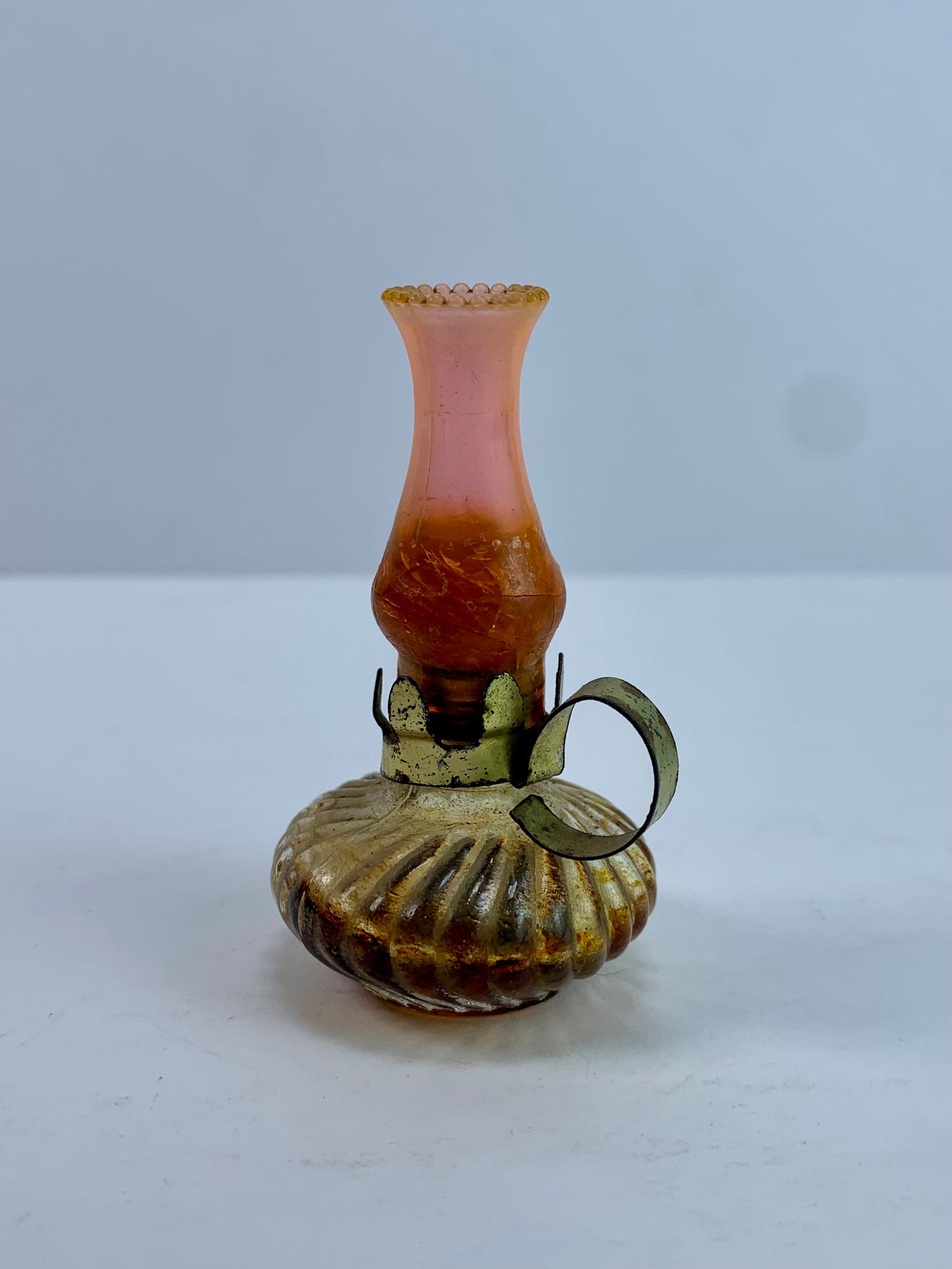 Vintage Perfume Bottle - Miniature Oil Lamp - Amber Glass - 2 1/2"