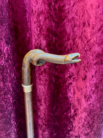 Vintage Wood Walking Cane – Hand Carved Snake Head Handle Antique Style