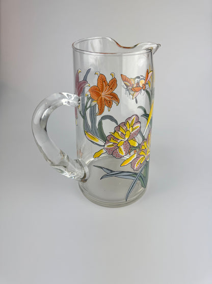 Vintage Clear Juice Pitcher with Lillies and Butterflies - 9" Tall Carafe