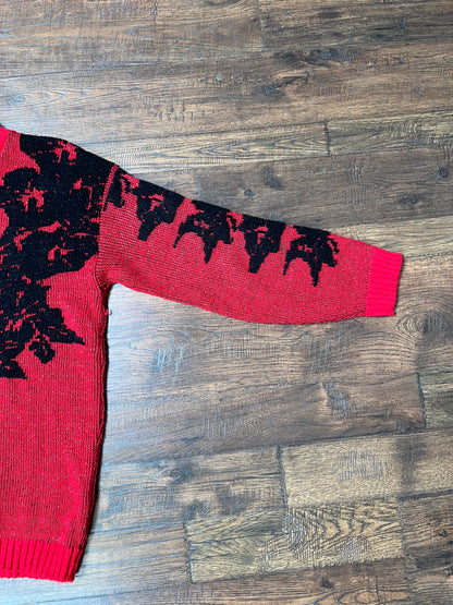 Vintage Clothing - Pullover Crewneck Knit Sweater - Black Flowers on Red Glitter - Medium