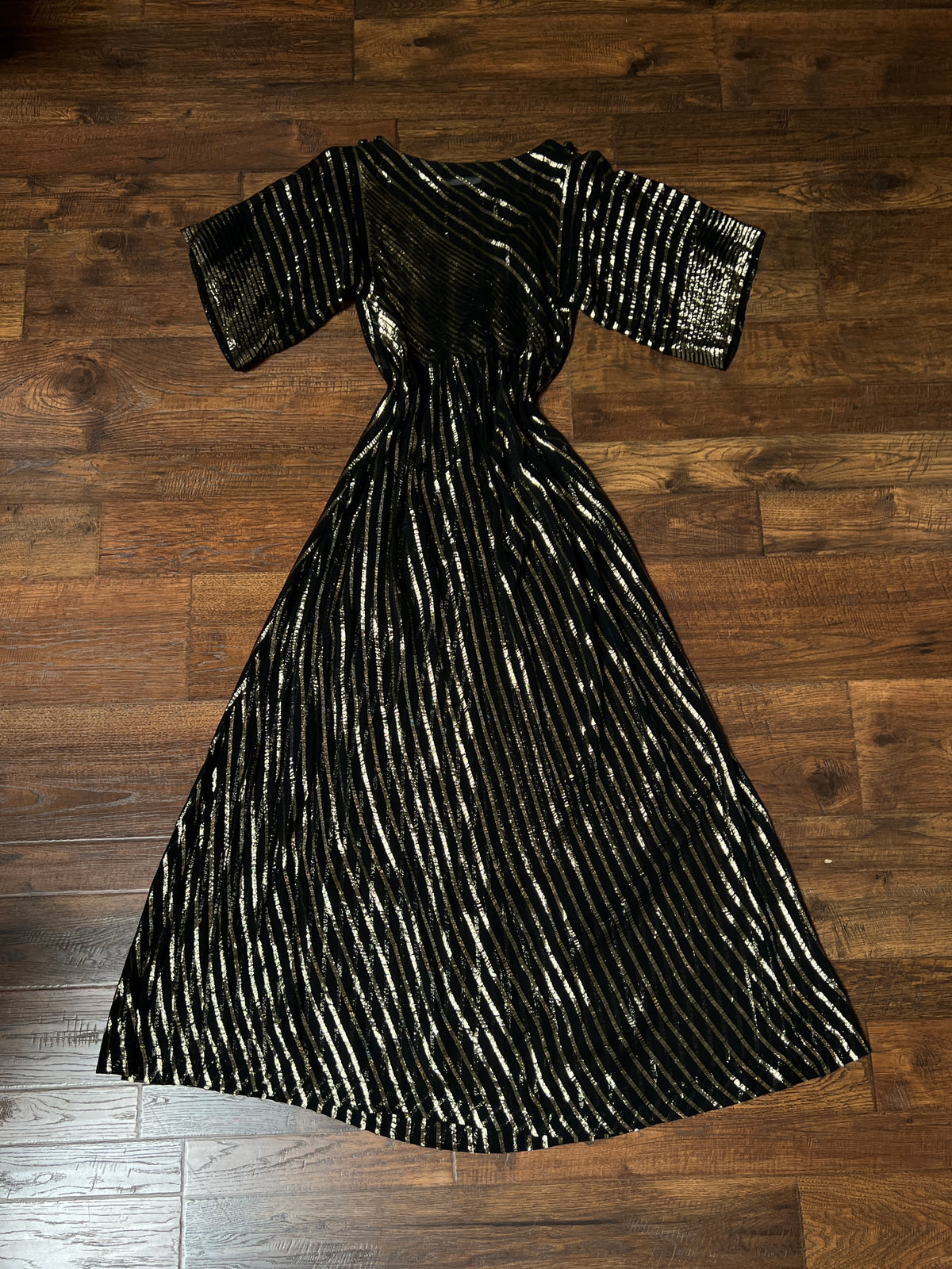 Vintage Albert Nipon Maxi Dress -  Metallic Gold  Sheer Black Butterfly Sleeve Gown - Medium