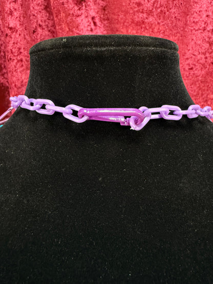 Vintage 1980s Plastic Chain Charm Necklace - 20 Bell Charms - Purple & Aqua Blue