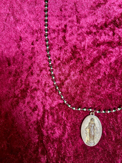 Vintage Metal Medallion Necklace – Miraculous Medal Beaded Rosary Style - 14"