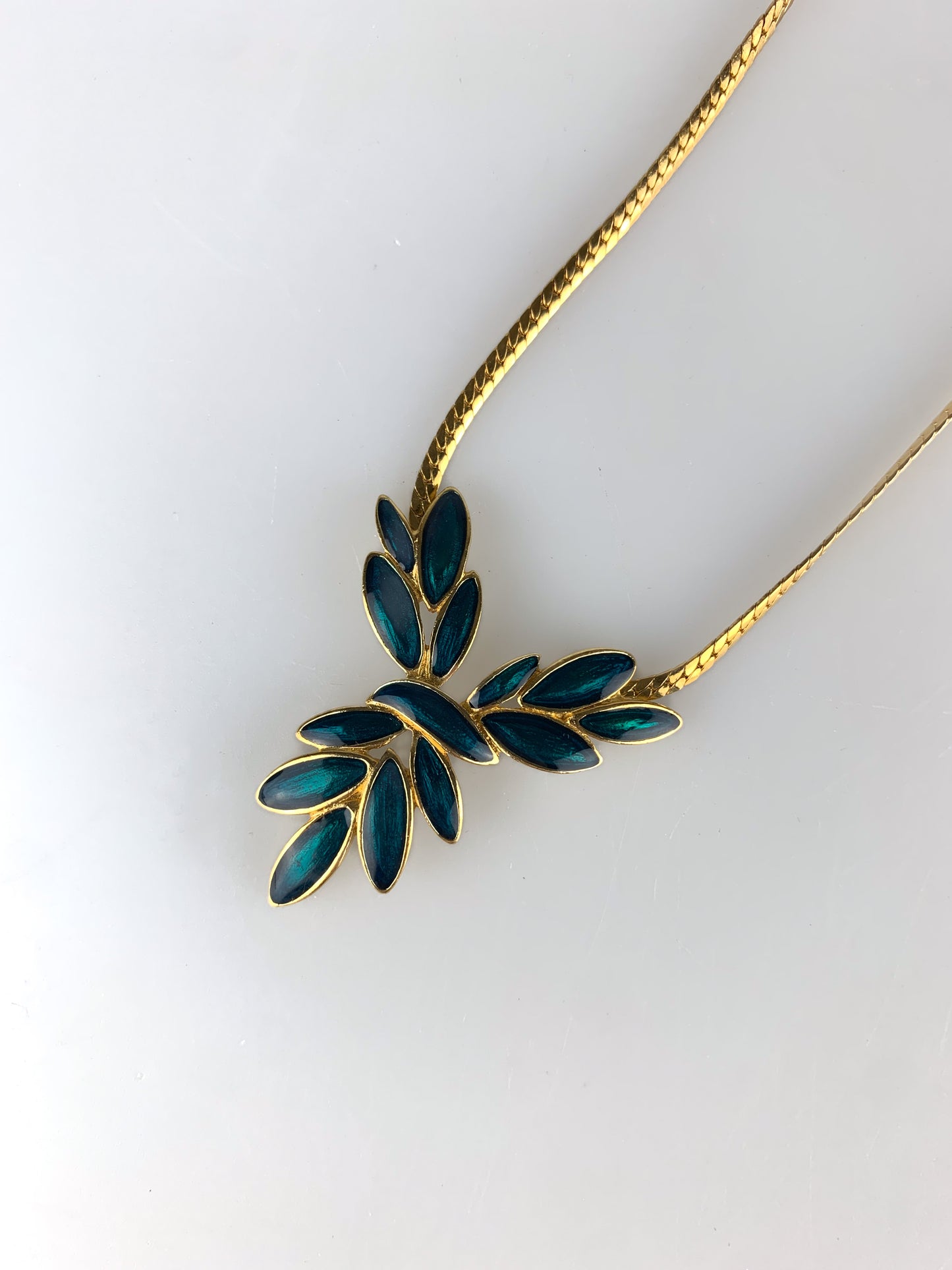 Vintage Trifari Gold Tone Snake Chain Necklace with Aquamarine Enamel Pendant