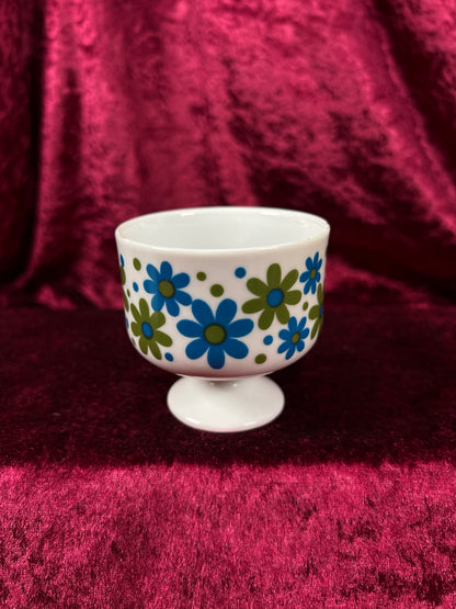 Vintage 1970s Pedestal Mug & Saucer Mismatched Set - Groovy Blue Green Daisies