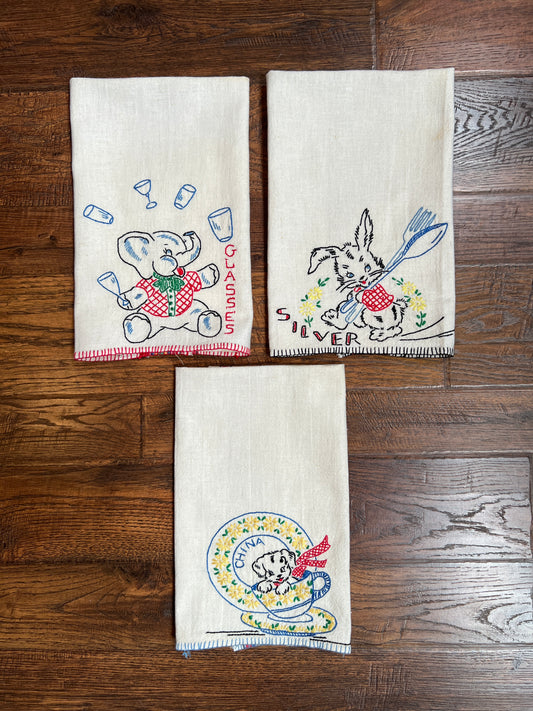 Vintage Linens - Embroidered Napkin Set - China, Silver, and Glasses