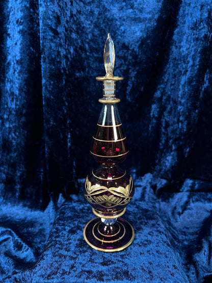 Vintage Ruby Red and Gold Glass Perfume Bottle - Egyptian Decanter with Stopper